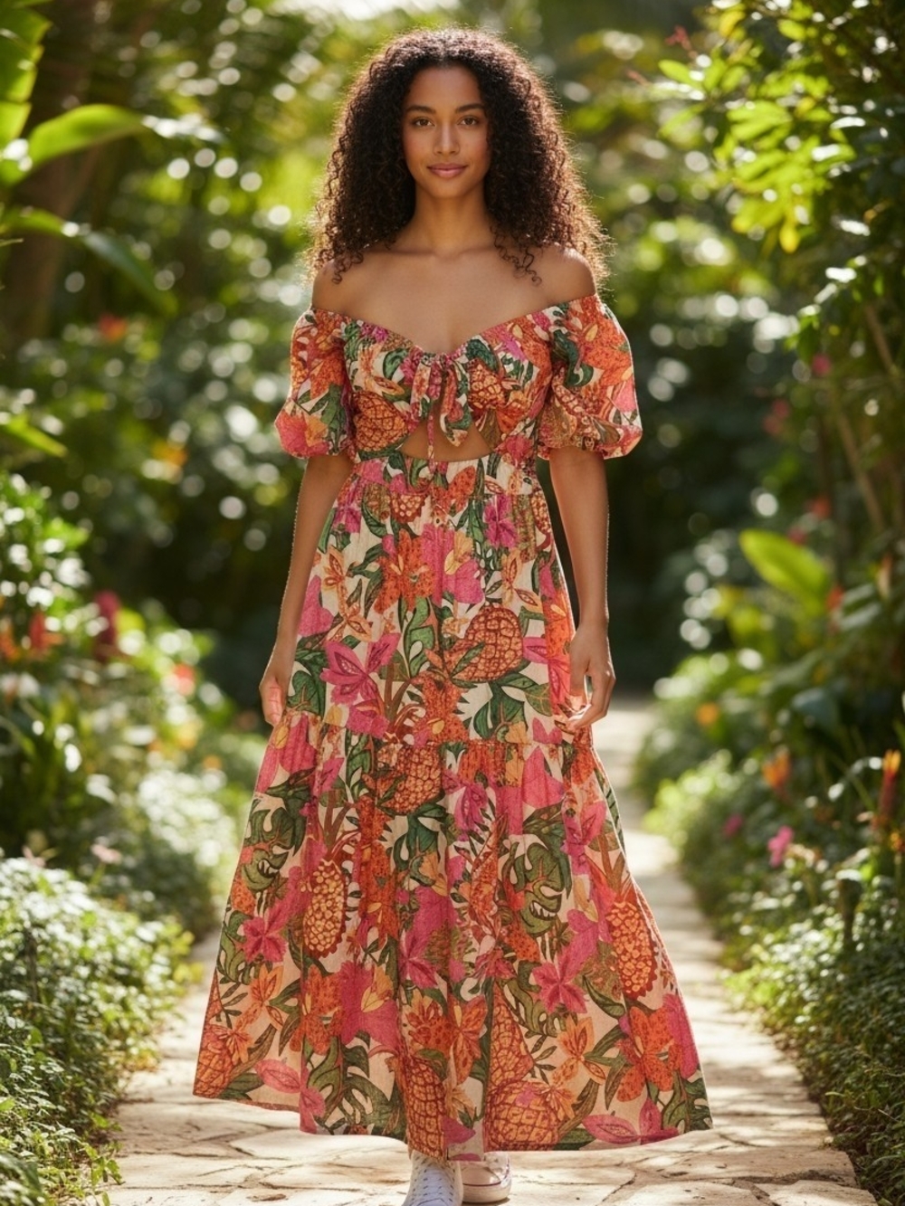 Floral  Off-Shoulder Maxi Dress - Pink & Orange